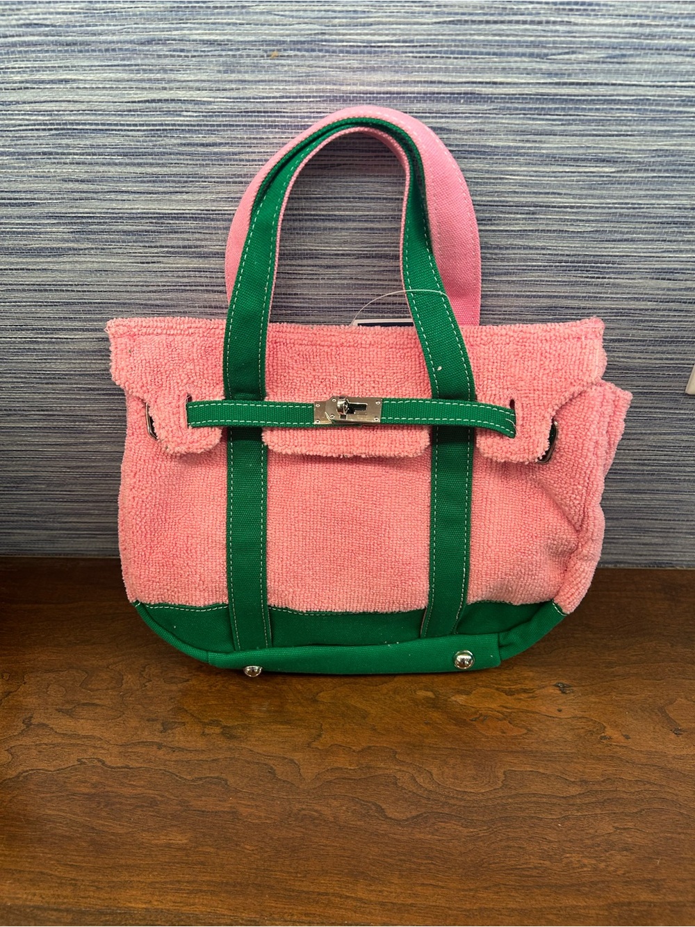 Boatkin Small Mini Sunwin Tote Bag Pink Terry Cloth Green Trim Viral New